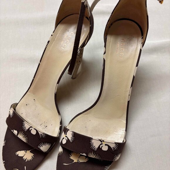 GUCCI Floral Printed Brown Ankle Stiletto Heels Sandals Size 9